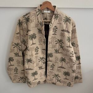 Vintage Palm Tree Jacket Tropical Print Zip Front Tan Green Preswick & Moore L